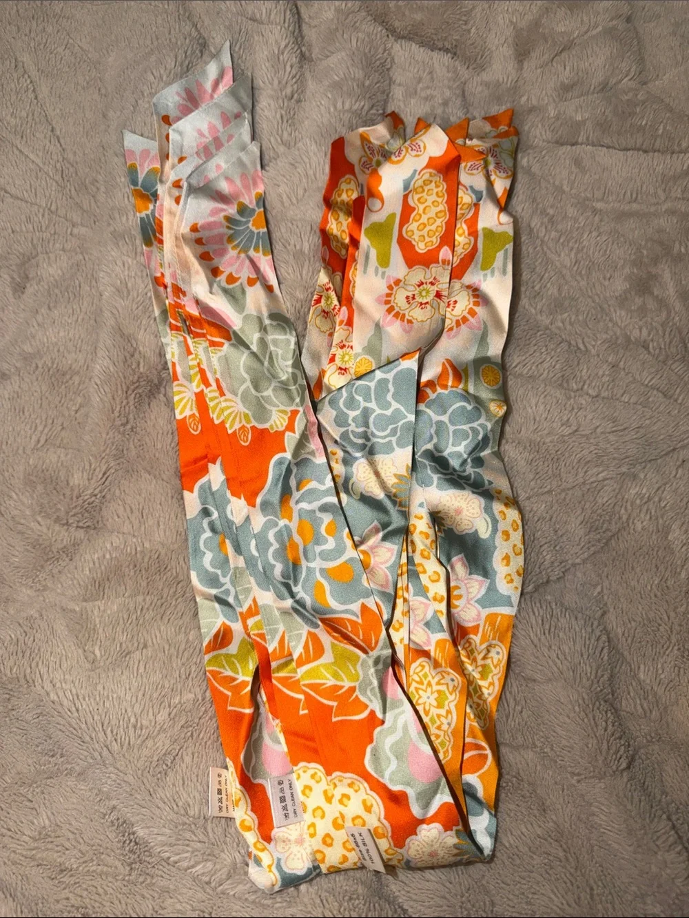 Pair of 2 Orange Floral 100% Silk Twilly Scarves for Handbags NWOT